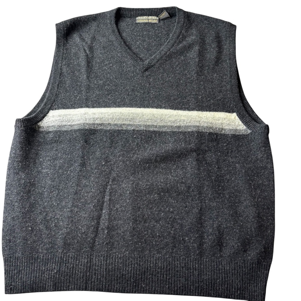 Urban Wear Lambswool Sweater Vest Mens XL Gray Striped V Neck Sleeveless Knit